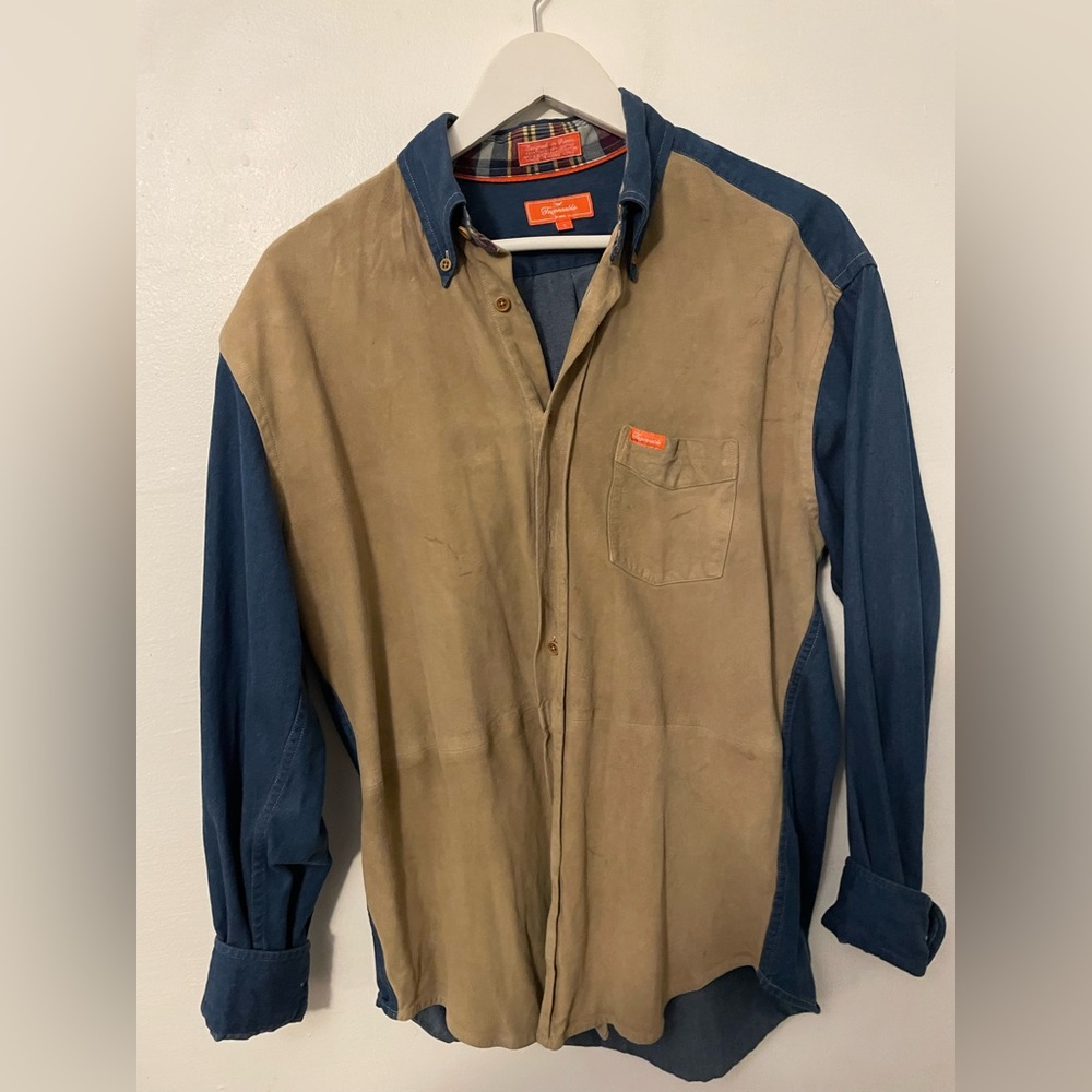 Vintage Faconnable Tan and Blue Collared Shirt